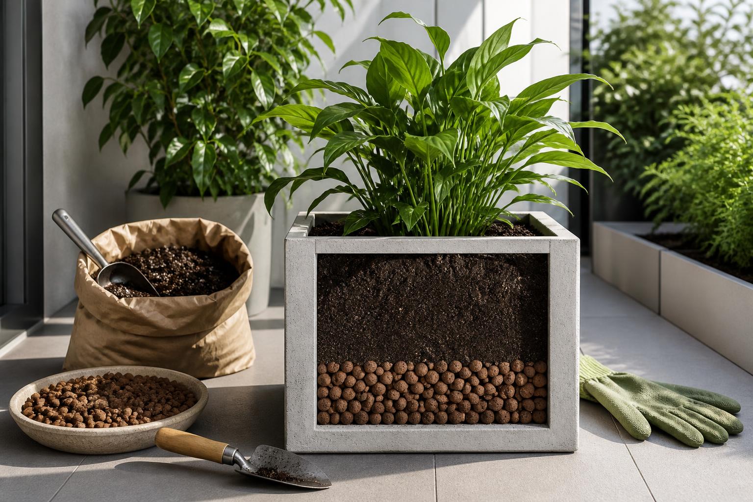 Посадка растения в квадратное кашпо